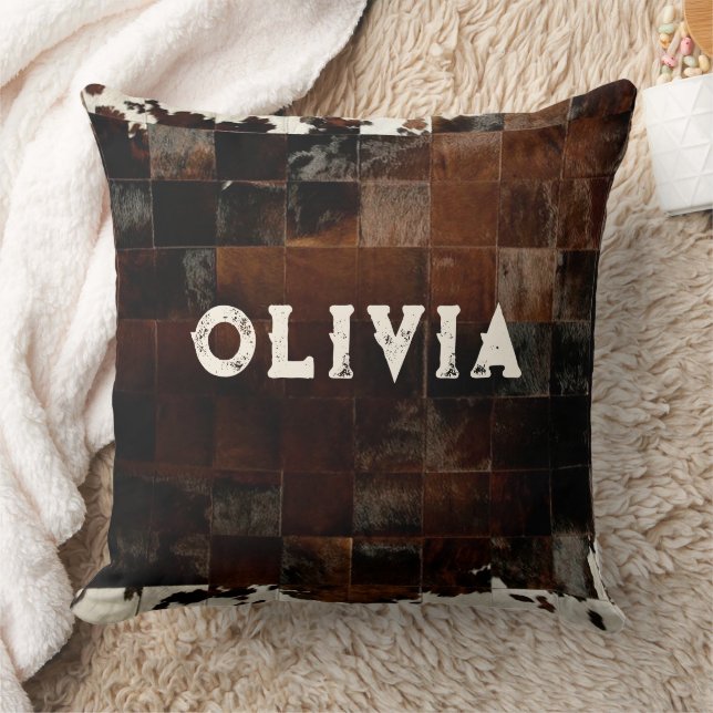 Name Patchwork Cowhide Print Western Rustic Farm Throw Pillow (Blanket)
