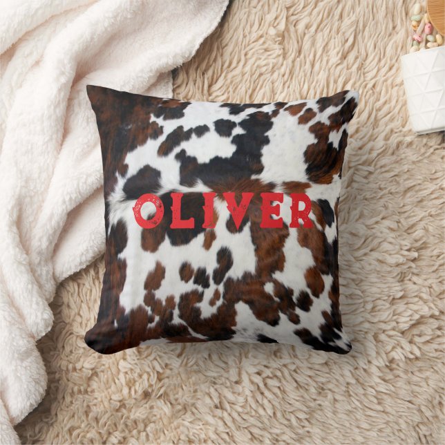 Name Patchwork Cowhide Print Western Rustic Red Throw Pillow (Blanket)