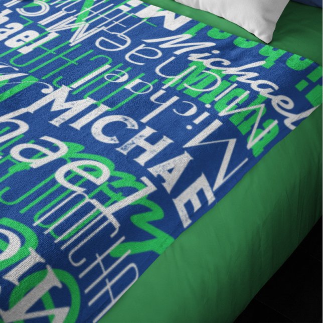 Name Pattern Blue Green Stamped Allover  Fleece Blanket (Creator Uploaded)