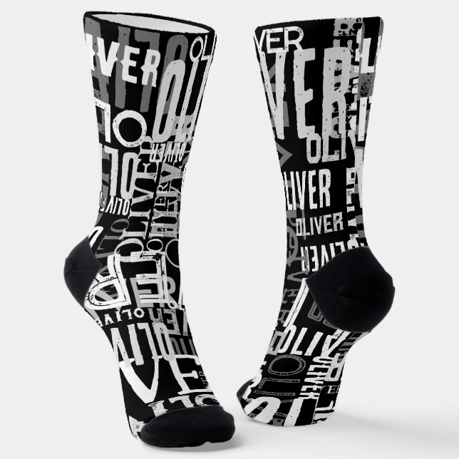Name Patterned Black Crew Socks (Angled)