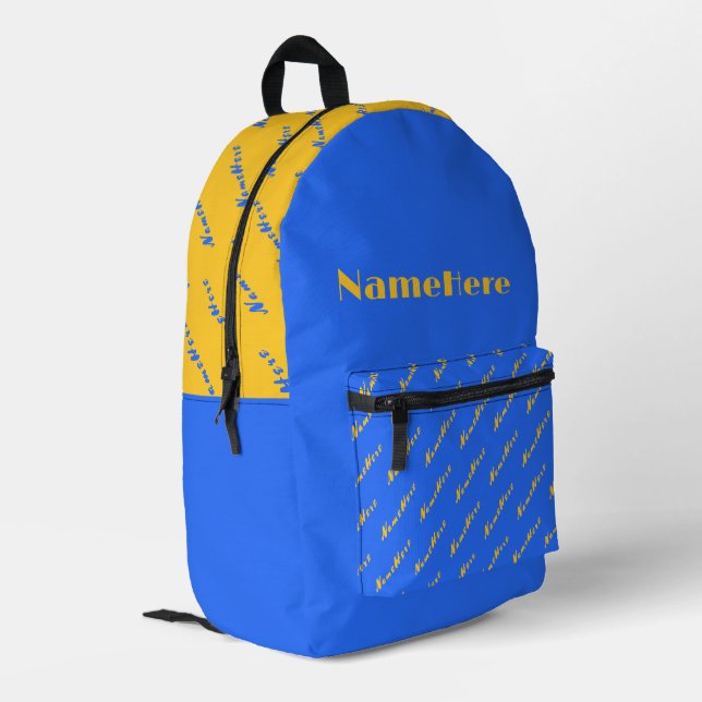 Name Personalization Bright Sun Yellow Royal Blue Printed Backpack (Back Corner Left)