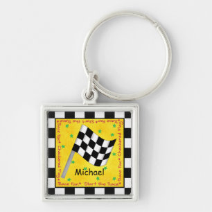 Name Personalizd Black White Chequered Flag Keychain