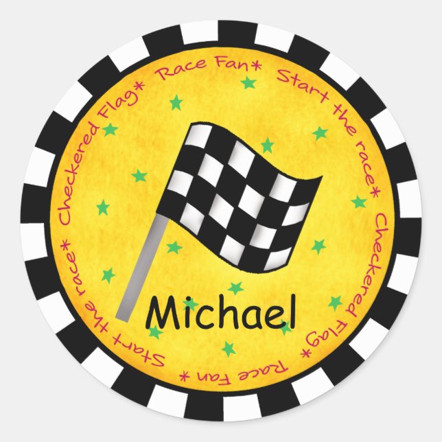 Name Personalized Black White Chequered Flag Wavin Classic Round Sticker (Front)