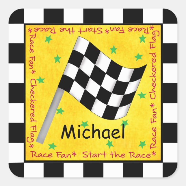 Name Personalized Black White Chequered Flag Wavin Square Sticker (Front)