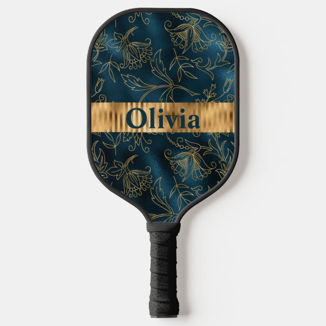 Name Personalized Blue Gold Floral Pickleball Paddle (Front)