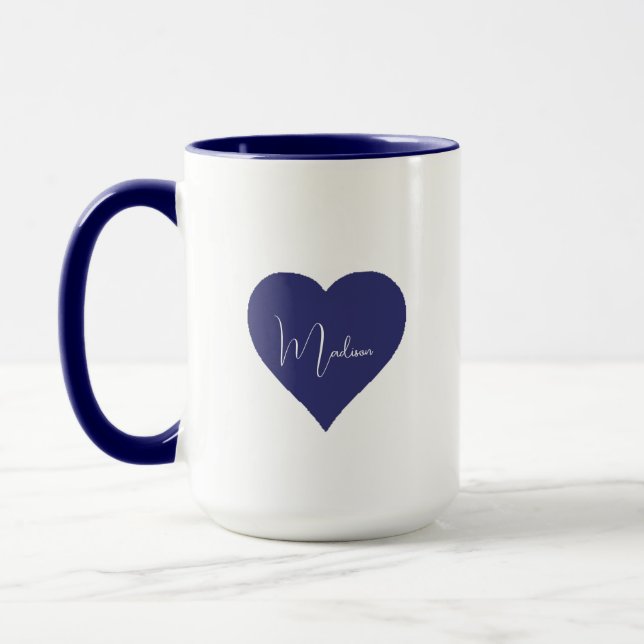 Name Personalized Dark Blue Heart Custom Mug (Left)