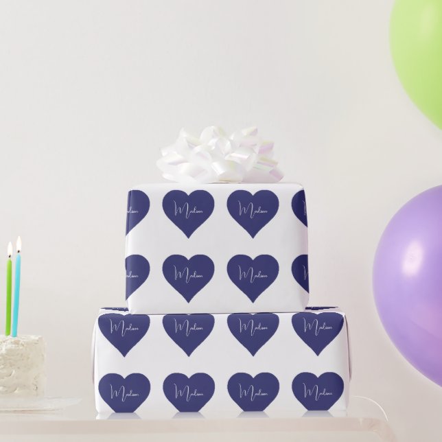 Name Personalized Dark Blue Heart Custom  Wrapping Paper (Party Gifts)