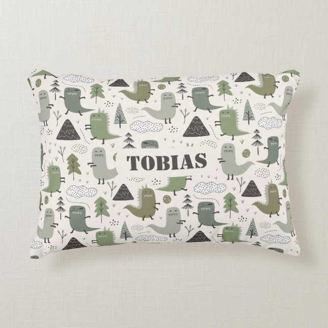 Name Personalized Dinosaur Green Kaki Accent Pillow (Front)