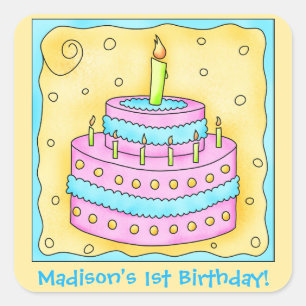 Name Personalized First Birthday Party Cake Art Square Sticker