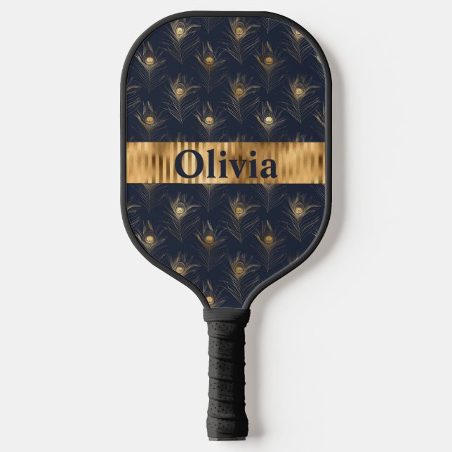 Name Personalized Peacock Feathers Print Gold Pickleball Paddle (Front)