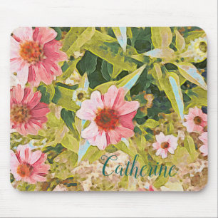 Name Personalized Pink Coneflower Green Leaves Art Mouse Pad