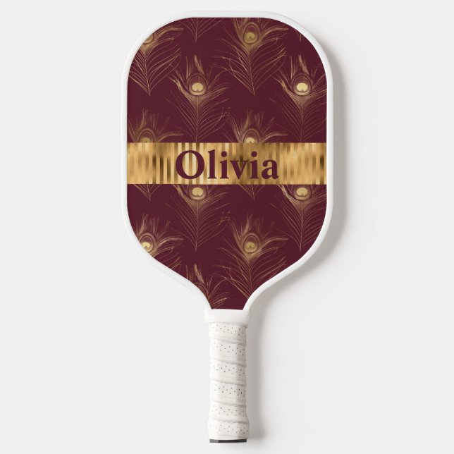 Name Personalized Red Peacock Print Gold  Pickleball Paddle (Front)