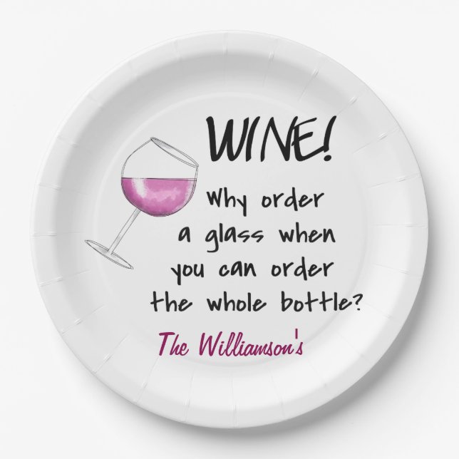 Name Personalized Red Wine Funny Word Saying Paper Plate (Front)