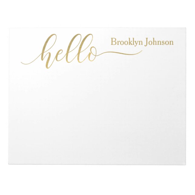 Name Personalized Stylish Gold "Hello" Notepad (Front)