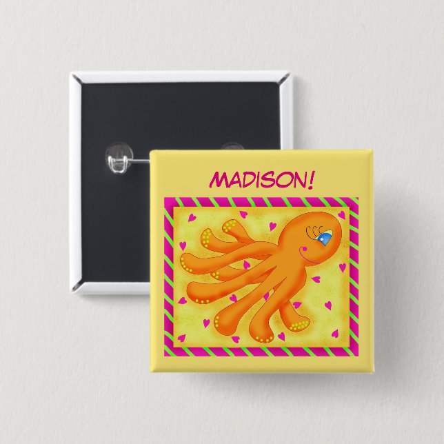 Name Personalized Whimsy Octopus Name Badge 2 Inch Square Button (Front & Back)