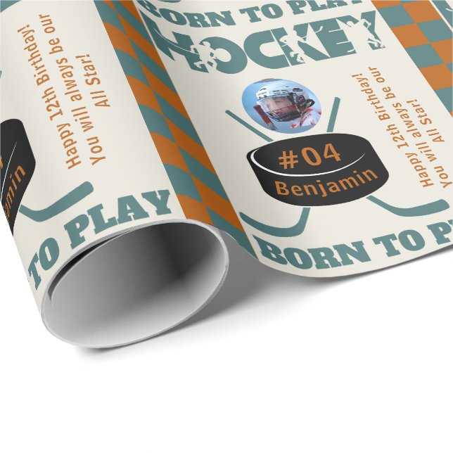 Name Photo Age Jersey Number Sentiment Hockey Wrapping Paper (Roll Corner)