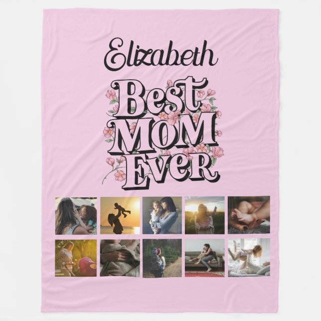 Name Photo Collage Best Mom Ever Retro Typography Fleece Blanket (Front)
