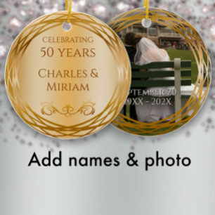Name & Photo Golden 50th Wedding Anniversary Gift Ceramic Ornament
