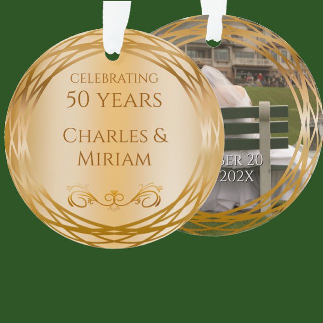 Name & Photo Golden 50th Wedding Anniversary Gift Ornament (Personalize these elegant faux gold Christmas ornament with couples names and photo for anniversary.)