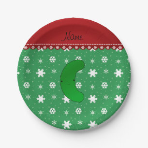 Name pickle christmas green white snowflakes paper plate