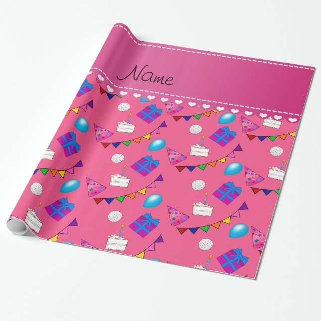 Name pink birthday bunting cake hat balloons wrapping paper (Unrolled)