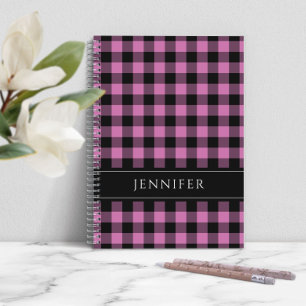 Name Pink & Black Checks Plaid Gingham Pattern Notebook