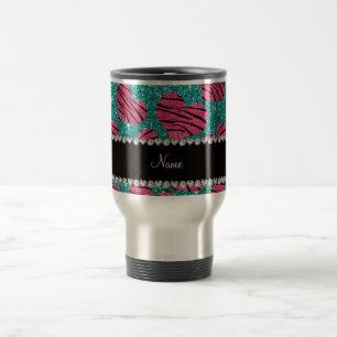Name pink hearts robin egg blue glitter zebra travel mug