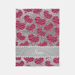 Name pink hearts silver glitter zebra stripes fleece blanket