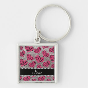 Name pink hearts silver glitter zebra stripes keychain
