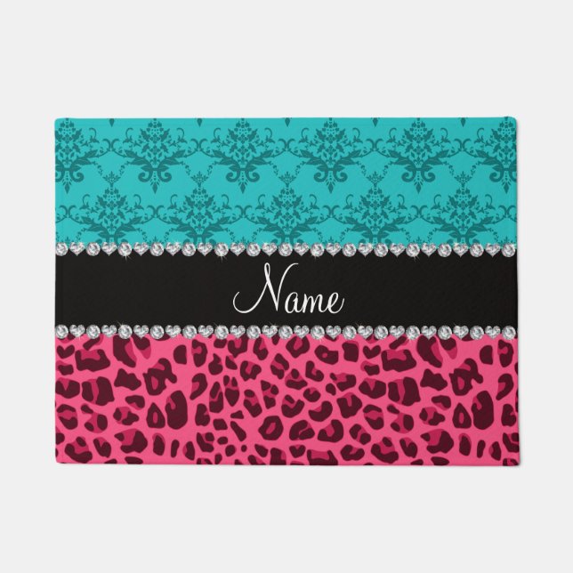 Name pink leopard turquoise damask doormat (Front)