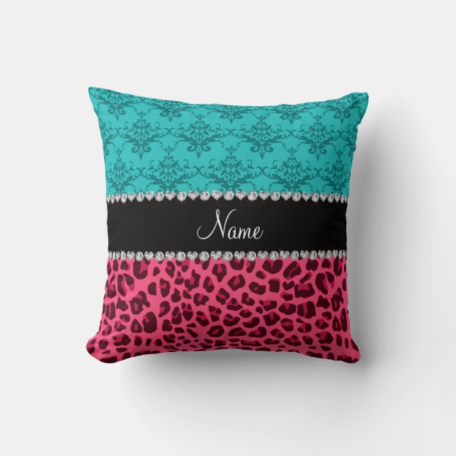 Name pink leopard turquoise damask throw pillow (Front)