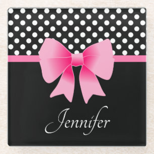 Name Pink Ribbon Black & White Polka Dots Glass Coaster