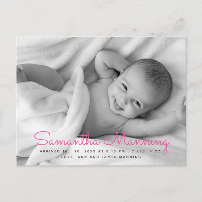 Name | Pink Script Photo Birth Announcement Postcard (Front)