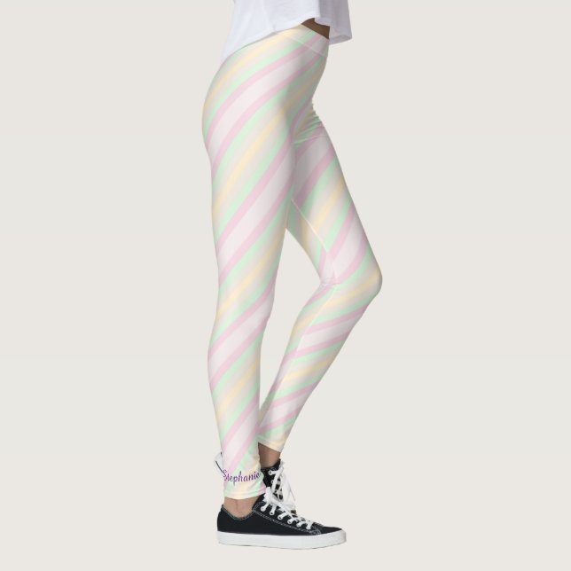 Name, Pink Yellow and Green Pastel Stripe Leggings (Right)