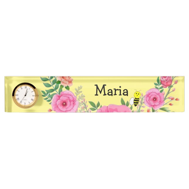 Name Plate Yellow Bumblebee Pink Floral (Front)