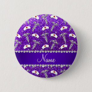 Name purple glitter nurse hats silver caduceus 2 inch round button