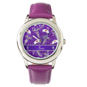Name purple glitter nurse hats silver caduceus watch
