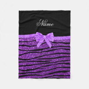 Name purple glitter zebra stripes purple bow fleece blanket