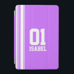 Name purple & white sport name number ipad cover<br><div class="desc">Purple and white sports style ipad case cover. In a sports shirt style Customize with the name and special age, year or lucky number of your choice. Case currently reads: Isabel 01. *Please note some names will not always fit due to the nature of the font. A perfect gift for...</div>