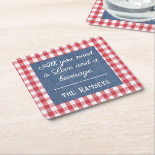 Name Quote. Red & White Check, Blue Denim Print Square Paper Coaster