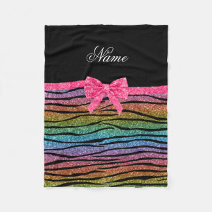 Name rainbow glitter zebra stripes pink bow fleece blanket