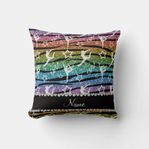 Name rainbow gymnastics glitter zebra stripes throw pillow