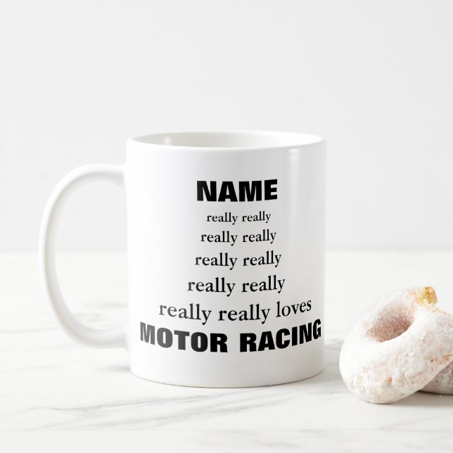 Name really really loves Subject Motor Racing Coffee Mug (With Donut)