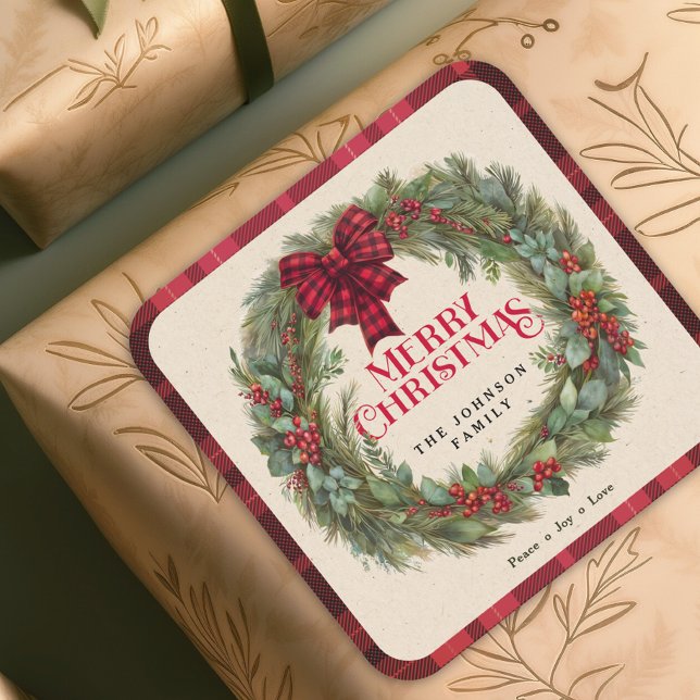 Name Red Buffalo Plaid Farmhouse Christmas Wreath Square Sticker (Creator Uploaded)
