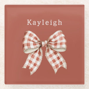 Name Red Cream Bow Glass Coaster