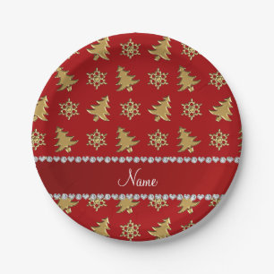 Name red gold christmas trees snowflakes paper plate