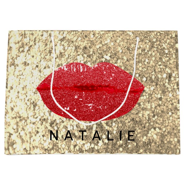 Name Red Kiss Lips Glitter Champagne Gold Glam Lar Large Gift Bag (Front)