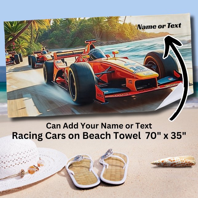 Name, Red Racing Cars on the Sand Beach Towel (Creator Uploaded)