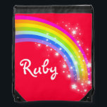 Name red rainbow stars drawstring bag<br><div class="desc">Bright red and colourful rainbow girls drawstring bag. Customize with the short name of your choice. Currently reads: Ruby. *Please note some names will not always fit due to the nature of the font. A perfect gift for a vibrant colourful girl to carry sports kit or school items. Uniquely designed...</div>