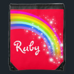 Name red rainbow stars drawstring bag<br><div class="desc">Bright red and colourful rainbow girls drawstring bag. Customize with the short name of your choice. Currently reads: Ruby. *Please note some names will not always fit due to the nature of the font. A perfect gift for a vibrant colourful girl to carry sports kit or school items. Uniquely designed...</div>